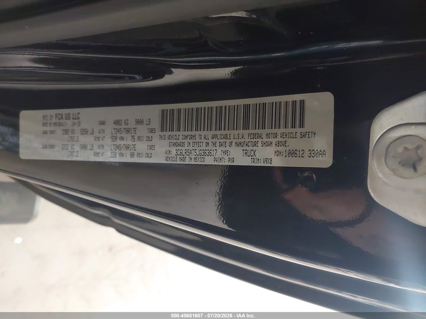2018 Ram 2500 VIN 3C6LR5AT5JG363617 IAAI salvage auction — NORMAL WEAR, Sf97 (Michigan), sold $20,350 on 2026-09-15 (photo 9)