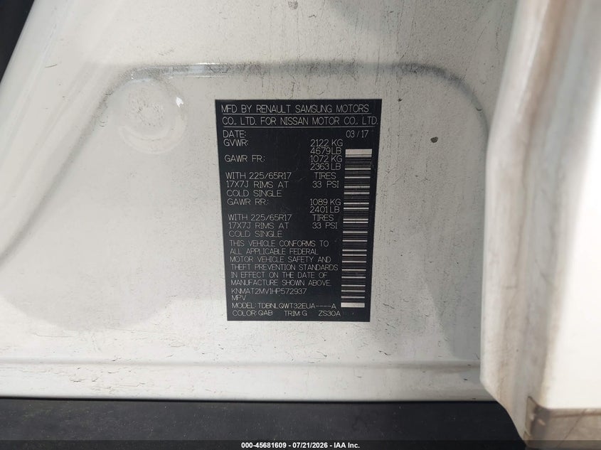 2017 Nissan Rogue VIN KNMAT2MV1HP572937 IAAI salvage auction — NORMAL WEAR, Clear (Florida), sold $575 on 2026-07-28 (photo 9)