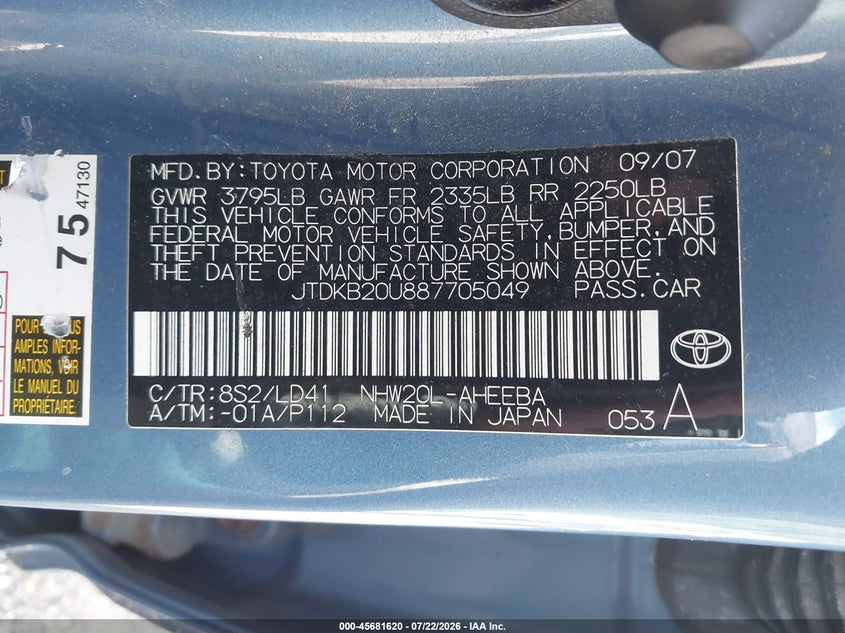 2008 Toyota Prius VIN JTDKB20U887705049 IAAI salvage auction — NORMAL WEAR, Clear (Massachusetts), sold $425 on 2026-07-31 (photo 9)