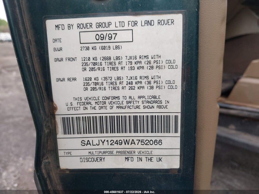 1998 Land rover Discovery VIN SALJY1249WA752066 IAAI salvage auction — NORMAL WEAR, Clear (Pennsylvania), sold $125 on 2026-07-28 (photo 9)