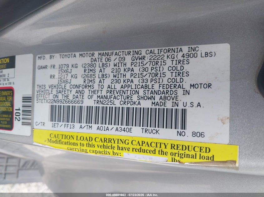 2009 Toyota Tacoma VIN 5TETX22N99Z666669 IAAI salvage auction — ALL OVER, Clear (Georgia), sold $1,550 on 2026-07-28 (photo 9)