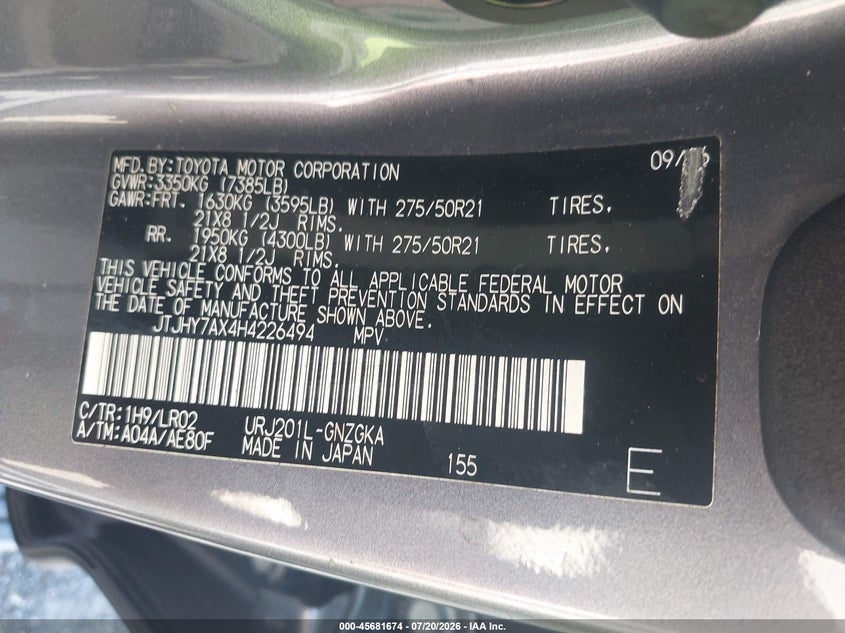 2017 Lexus Lx VIN JTJHY7AX4H4226494 IAAI salvage auction — FRONT END, Clear (Texas), sold $27,250 on 2026-07-28 (photo 9)