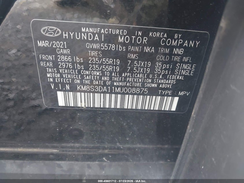 2021 Hyundai Santa fe VIN KM8S3DA11MU008875 IAAI salvage auction — ALL OVER, Clear (Georgia), sold $4,650 on 2026-07-28 (photo 9)