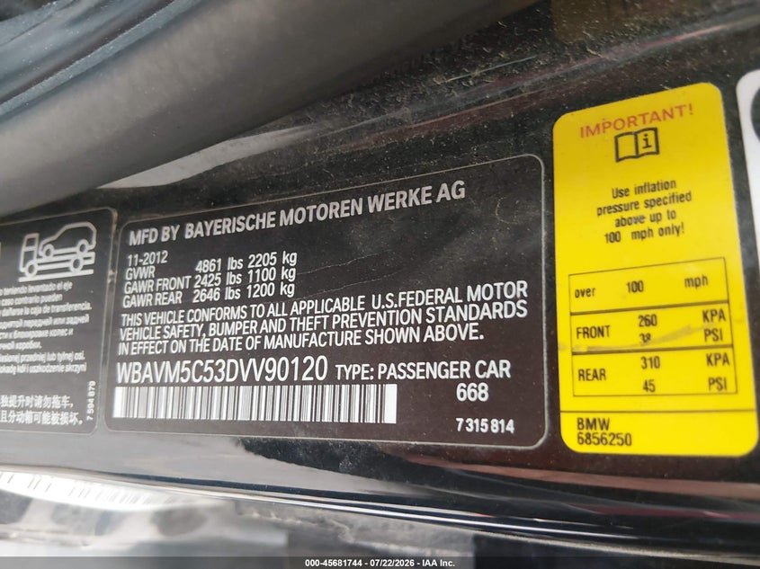 2013 BMW X1 VIN WBAVM5C53DVV90120 IAAI salvage auction — NORMAL WEAR, Clear (Colorado), sold $400 on 2026-07-28 (photo 9)