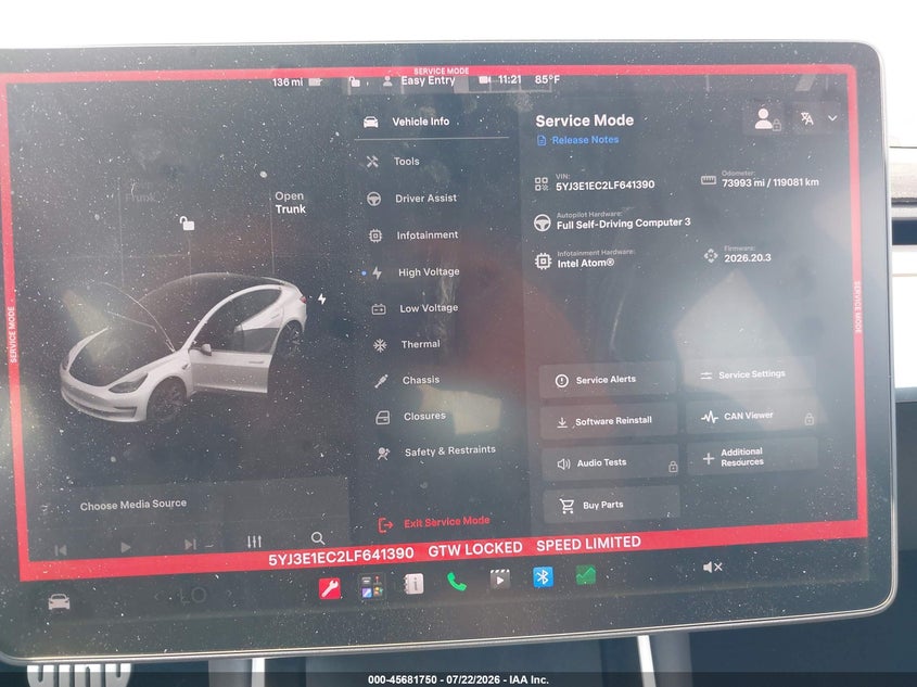 2020 Tesla Model 3 VIN 5YJ3E1EC2LF641390 IAAI salvage auction — FRONT END, Salvage (Idaho), sold $6,900 on 2026-09-05 (photo 7)
