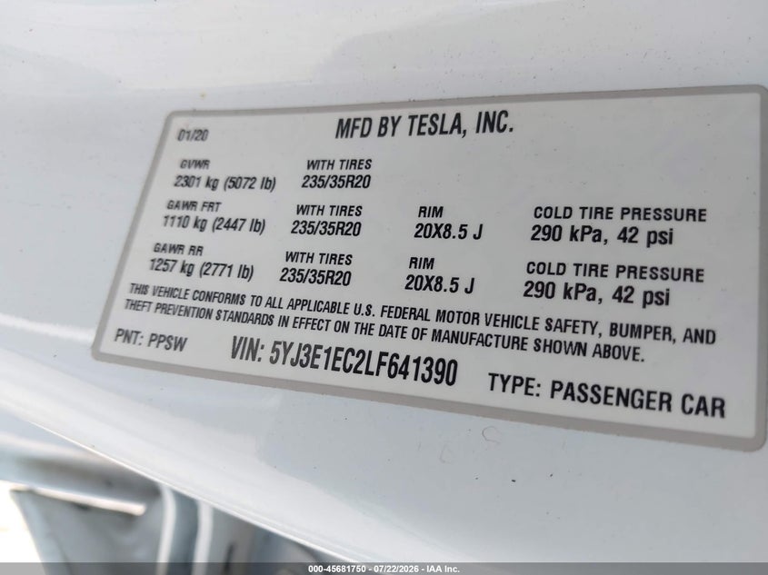 2020 Tesla Model 3 VIN 5YJ3E1EC2LF641390 IAAI salvage auction — FRONT END, Salvage (Idaho), sold $6,900 on 2026-09-05 (photo 9)