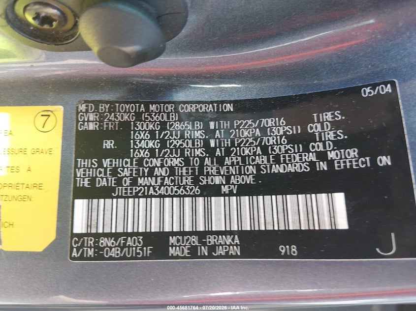 2004 Toyota Highlander VIN JTEEP21A340056326 IAAI salvage auction — NORMAL WEAR, Clear (New Jersey), sold $750 on 2026-07-23 (photo 9)
