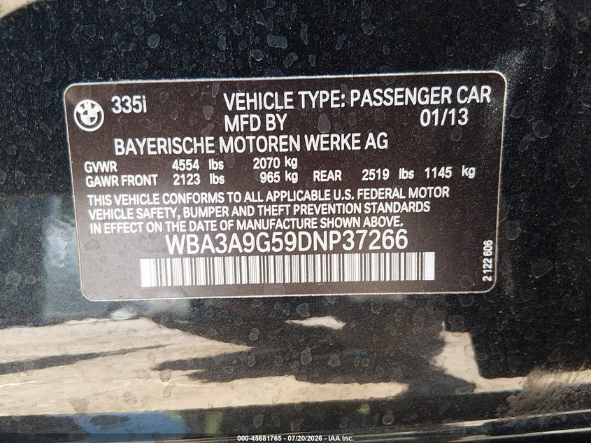 2013 BMW 3er VIN WBA3A9G59DNP37266 IAAI salvage auction — NORMAL WEAR, Clear-Dealer Only (Arizona), sold $3,750 on 2026-07-28 (photo 9)