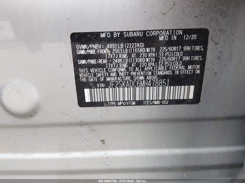 2021 Subaru Forester VIN JF2SKADC6MH478851 IAAI salvage auction — FRONT END, Wait Title, sold $2,250 on 2026-09-06 (photo 9)