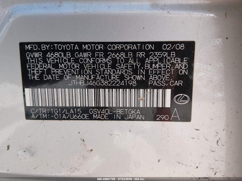 2008 Lexus Es 350 VIN JTHBJ46G382224198 IAAI salvage auction — NORMAL WEAR, Original (Texas), sold $675 on 2026-07-28 (photo 9)