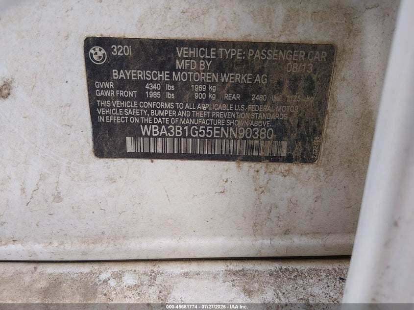 2014 BMW 3er VIN WBA3B1G55ENN90380 IAAI salvage auction — NORMAL WEAR, Clear (Georgia), sold $1,100 on 2026-07-31 (photo 9)