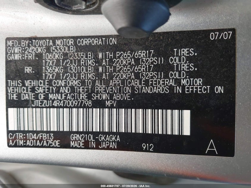 2007 Toyota 4runner VIN JTEZU14R470097798 IAAI salvage auction — NORMAL WEAR, Original (Texas), sold $2,500 on 2026-07-29 (photo 9)
