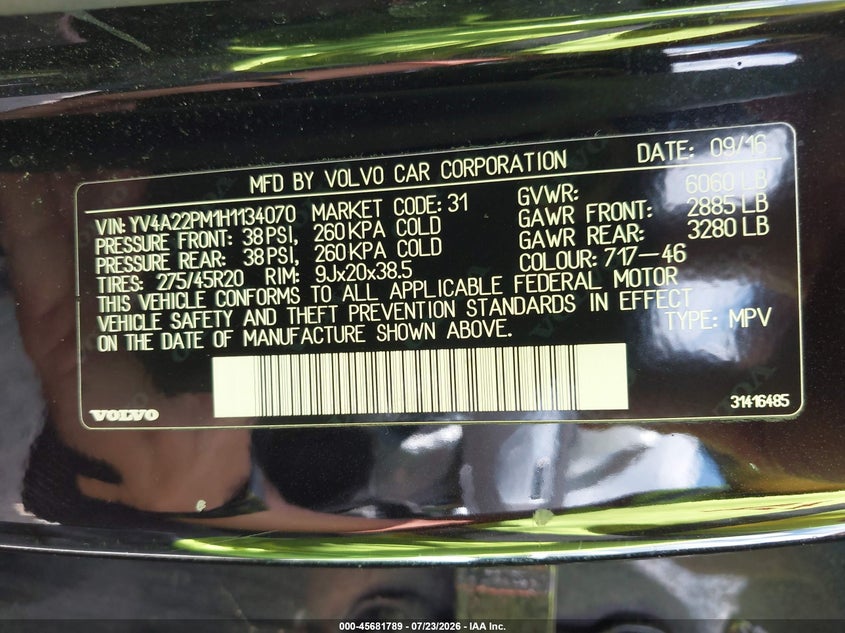 2017 Volvo Xc90 VIN YV4A22PM1H1134070 IAAI salvage auction — NORMAL WEAR, Original (Ohio), sold $3,750 on 2026-08-10 (photo 9)