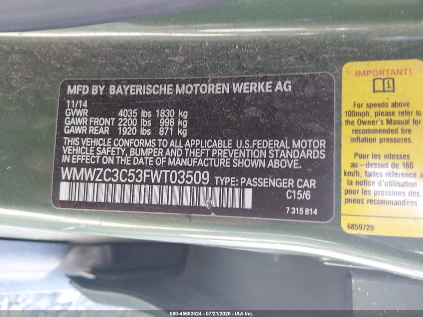 2015 Mini Countryman VIN WMWZC3C53FWT03509 IAAI salvage auction — FRONT END, Salvage Title, sold $1,025 on 2026-09-23 (photo 9)