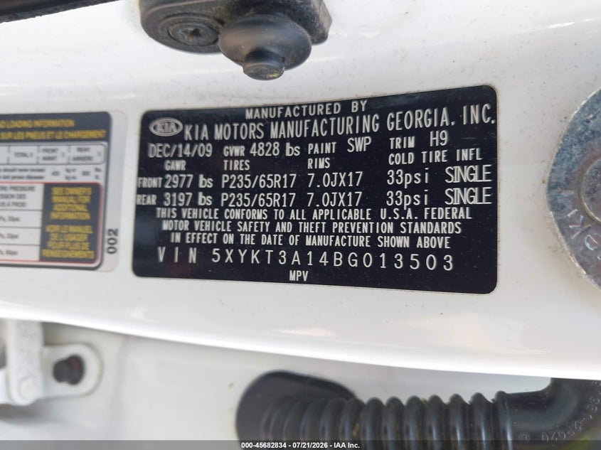 2011 Kia Sorento VIN 5XYKT3A14BG013503 IAAI salvage auction — NORMAL WEAR, Clear (Tennessee), sold $1,150 on 2026-07-28 (photo 9)