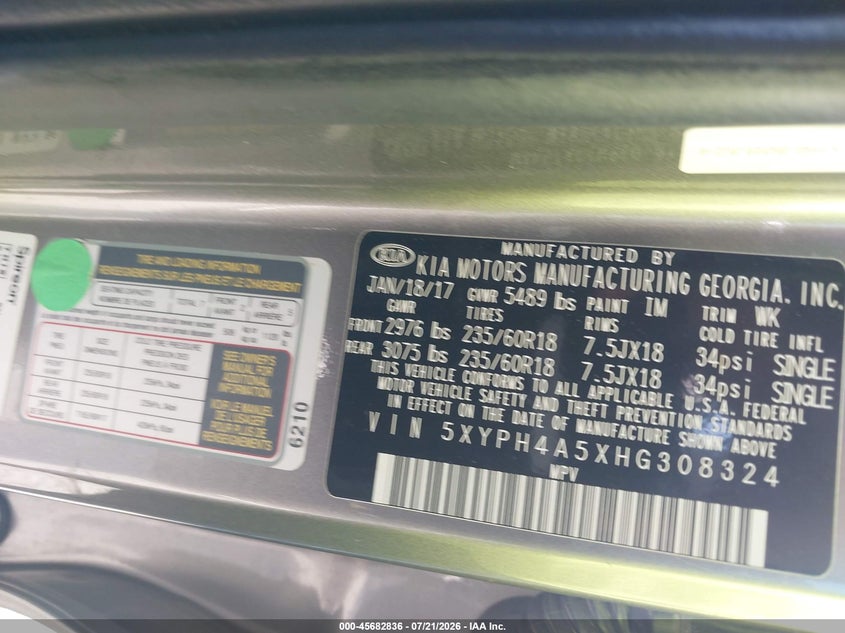 2017 Kia Sorento VIN 5XYPH4A5XHG308324 IAAI salvage auction — NORMAL WEAR, Original (Texas), sold $1,200 on 2026-07-29 (photo 9)