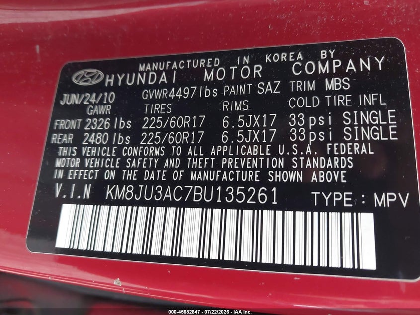 2011 Hyundai Tucson VIN KM8JU3AC7BU135261 IAAI salvage auction — NORMAL WEAR, Clear (New Jersey), sold $25 on 2026-07-29 (photo 9)