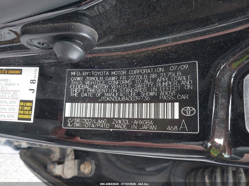 2010 Toyota Prius VIN JTDKN3DU8A0039736 IAAI salvage auction — NORMAL WEAR, Clear (New York), sold $850 on 2026-07-30 (photo 9)
