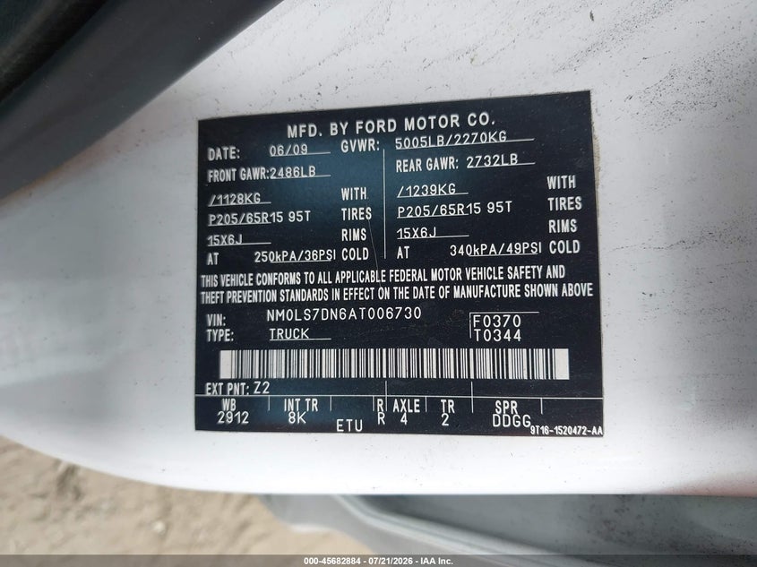 2010 Ford Transit connect VIN NM0LS7DN6AT006730 IAAI salvage auction — NORMAL WEAR, Clear (Virginia), sold $25 on 2026-07-29 (photo 9)