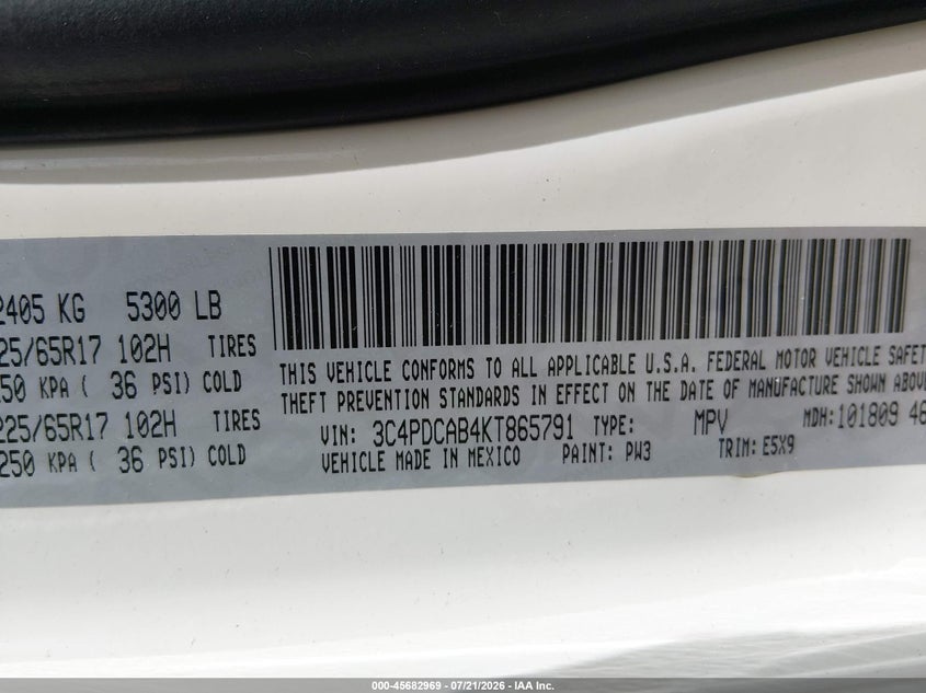 2019 Dodge Journey VIN 3C4PDCAB4KT865791 IAAI salvage auction — NORMAL WEAR, Salvage Title, sold $2,000 on 2026-07-24 (photo 9)