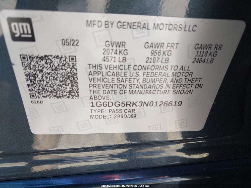 2022 Cadillac Ct4 VIN 1G6DG5RK3N0126619 IAAI salvage auction — FRONT END, Salvage Title, sold $7,500 on 2026-08-19 (photo 9)