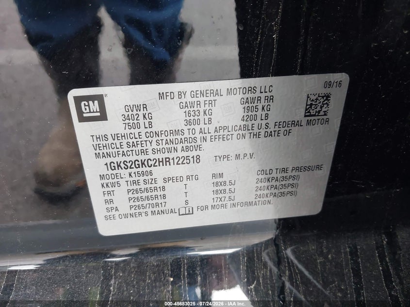 2017 Gmc Yukon VIN 1GKS2GKC2HR122518 IAAI salvage auction — HAIL, Wait Title, sold $8,575 on 2026-08-20 (photo 9)