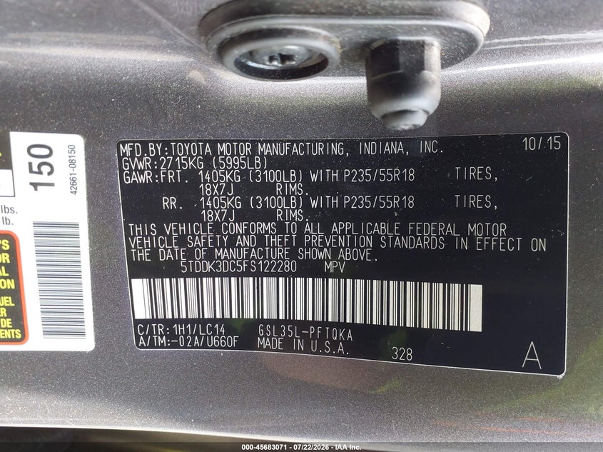 2015 Toyota Sienna VIN 5TDDK3DC5FS122280 IAAI salvage auction — FRONT END, Clear (New Jersey), sold $25 on 2026-07-30 (photo 9)