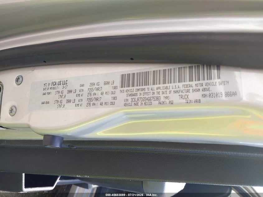 2017 Ram 1500 VIN 3C6JR7DG5HG675383 IAAI salvage auction — NORMAL WEAR, Sf97 (Virginia), sold $13,150 on 2026-08-19 (photo 9)