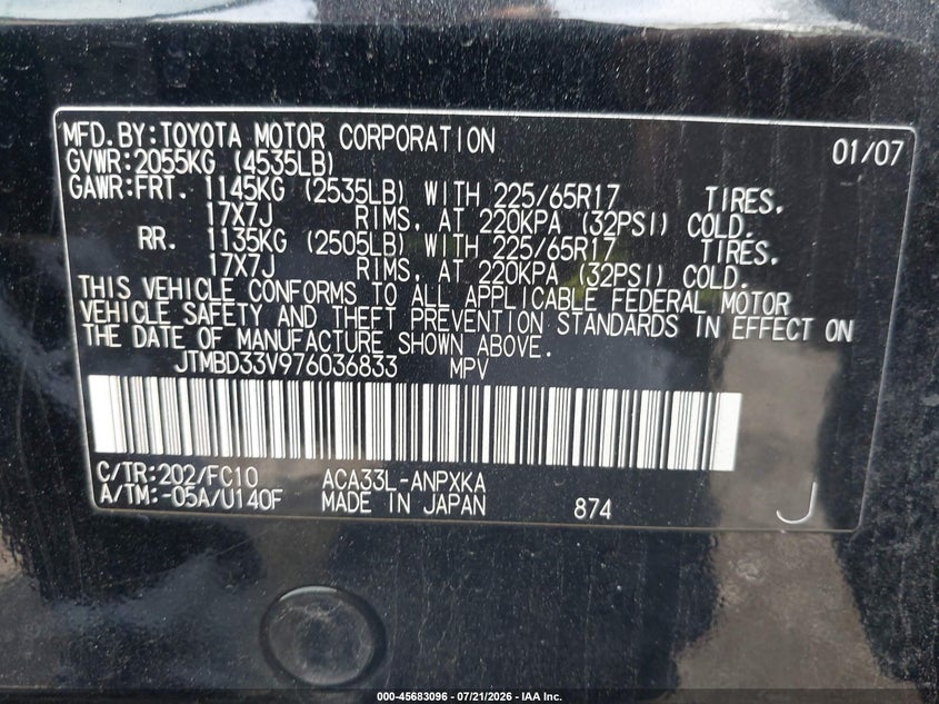2007 Toyota Rav4 VIN JTMBD33V976036833 IAAI salvage auction — NORMAL WEAR, Clear (Virginia), sold $825 on 2026-07-28 (photo 9)
