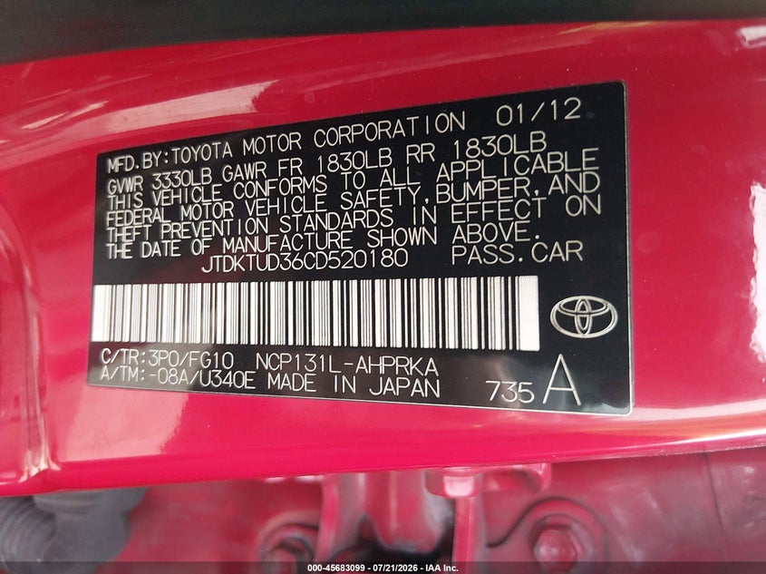 2012 Toyota Yaris VIN JTDKTUD36CD520180 IAAI salvage auction — NORMAL WEAR, Clear (Massachusetts), sold $1,100 on 2026-07-23 (photo 9)