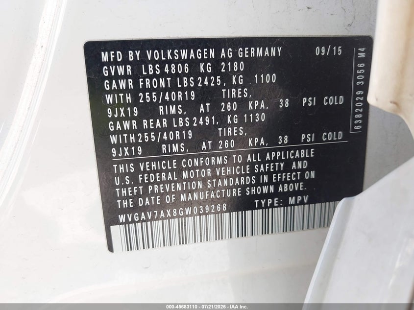 2016 Volkswagen Tiguan VIN WVGAV7AX8GW039268 IAAI salvage auction — REAR END, Salvage Title, sold $2,950 on 2026-08-12 (photo 9)