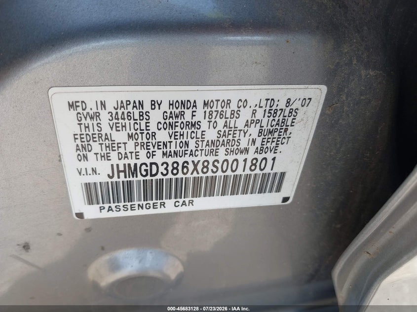 2008 Honda Fit VIN JHMGD386X8S001801 IAAI salvage auction — NORMAL WEAR, Clear (Illinois), sold $325 on 2026-07-29 (photo 9)