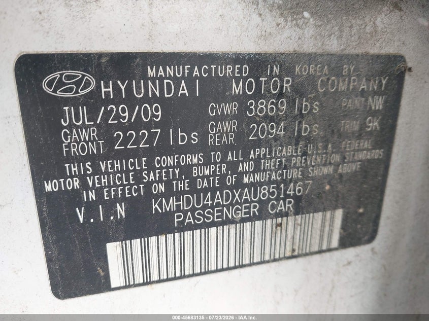 2010 Hyundai Elantra VIN KMHDU4ADXAU851467 IAAI salvage auction — NORMAL WEAR, Clear (North Carolina), sold $400 on 2026-07-31 (photo 9)