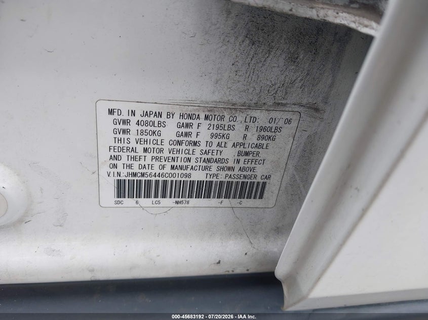 2006 Honda Accord VIN JHMCM56446C001098 IAAI salvage auction — NORMAL WEAR, Clear - Dealer Only (California), sold $375 on 2026-07-29 (photo 9)
