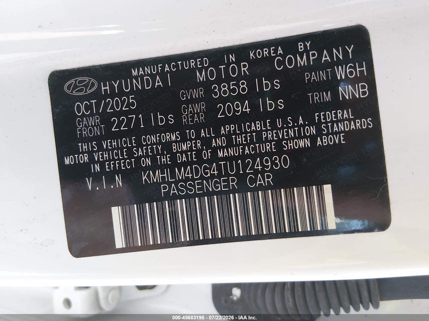 2026 Hyundai Elantra VIN KMHLM4DG4TU124930 IAAI salvage auction — UNKNOWN, Certificate Of Destruction (Florida), sold $2,050 on 2026-07-28 (photo 9)