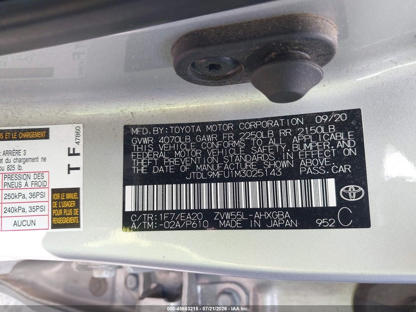 2021 Toyota Prius VIN JTDL9MFU1M3025143 IAAI salvage auction — FRONT & REAR, Salvage Title, sold $25 on 2026-07-28 (photo 9)