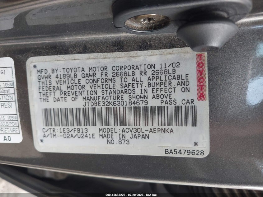 2003 Toyota Camry VIN JTDBE32K630184679 IAAI salvage auction — NORMAL WEAR, Clear - Dealer Only (California), sold $525 on 2026-07-28 (photo 9)