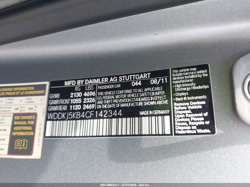 2012 Mercedes-benz E-klasse VIN WDDKJ5KB4CF142344 IAAI salvage auction — REAR END, Salvage Rebuilt (North Carolina), sold $725 on 2026-07-29 (photo 9)