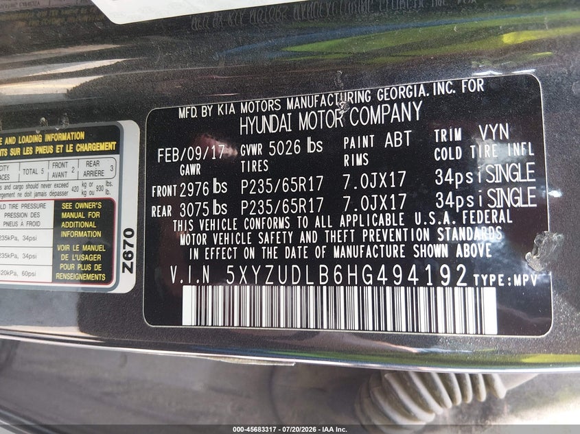 2017 Hyundai Santa fe VIN 5XYZUDLB6HG494192 IAAI salvage auction — NORMAL WEAR, Clear (Idaho), sold $150 on 2026-07-31 (photo 9)