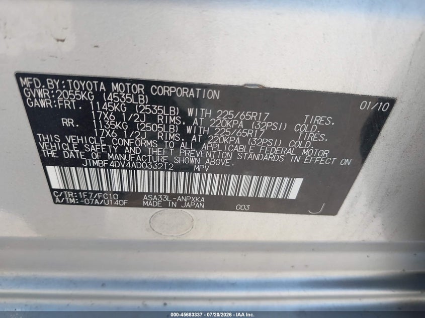 2010 Toyota Rav4 VIN JTMBF4DV4AD033212 IAAI salvage auction — NORMAL WEAR, Clear (Pennsylvania), sold $1,750 on 2026-07-24 (photo 9)