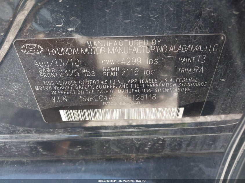 2011 Hyundai Sonata VIN 5NPEC4ACXBH128118 IAAI salvage auction — NORMAL WEAR, Clear (Florida), sold $25 on 2026-07-30 (photo 9)