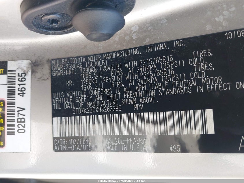 2009 Toyota Sienna VIN 5TDZK23CX9S263285 IAAI salvage auction — NORMAL WEAR, Clear (Pennsylvania), sold $700 on 2026-07-31 (photo 9)