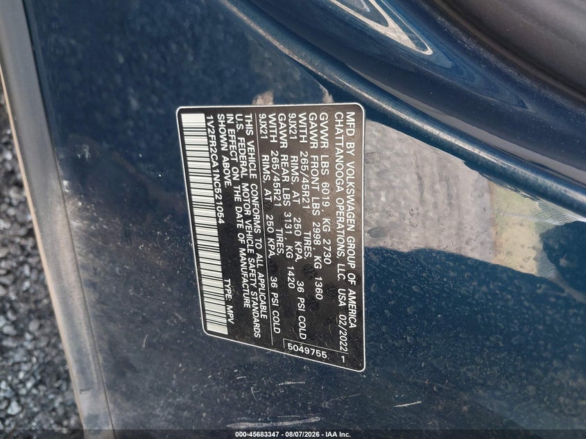 2022 Volkswagen Atlas VIN 1V2FR2CA1NC521054 IAAI salvage auction — REAR END, Salvage (South Carolina), sold $10,575 on 2026-09-15 (photo 9)