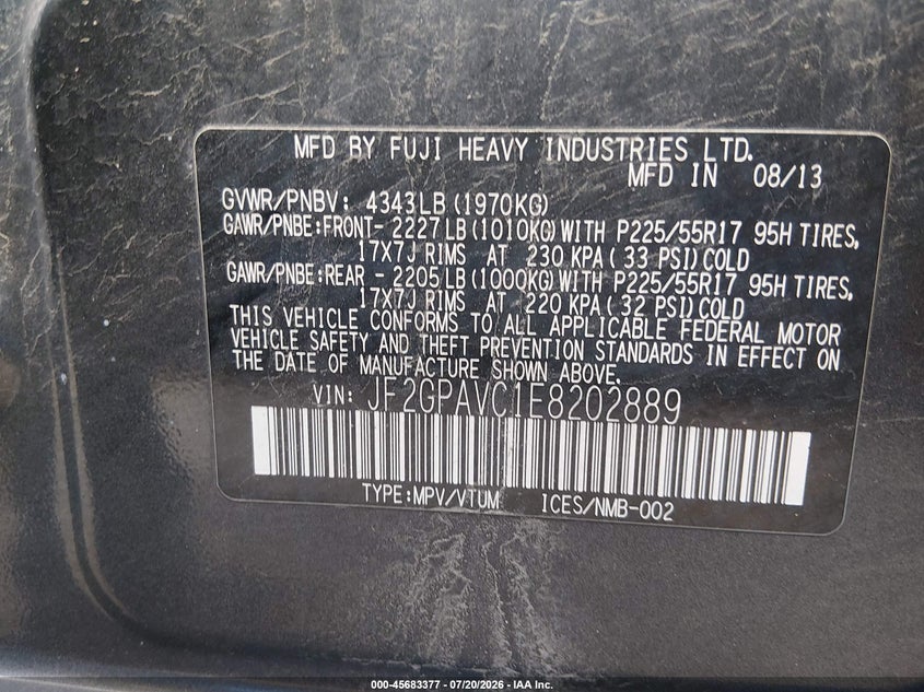 2014 Subaru Xv VIN JF2GPAVC1E8202889 IAAI salvage auction — NORMAL WEAR, Clear (Indiana), sold $75 on 2026-07-29 (photo 9)