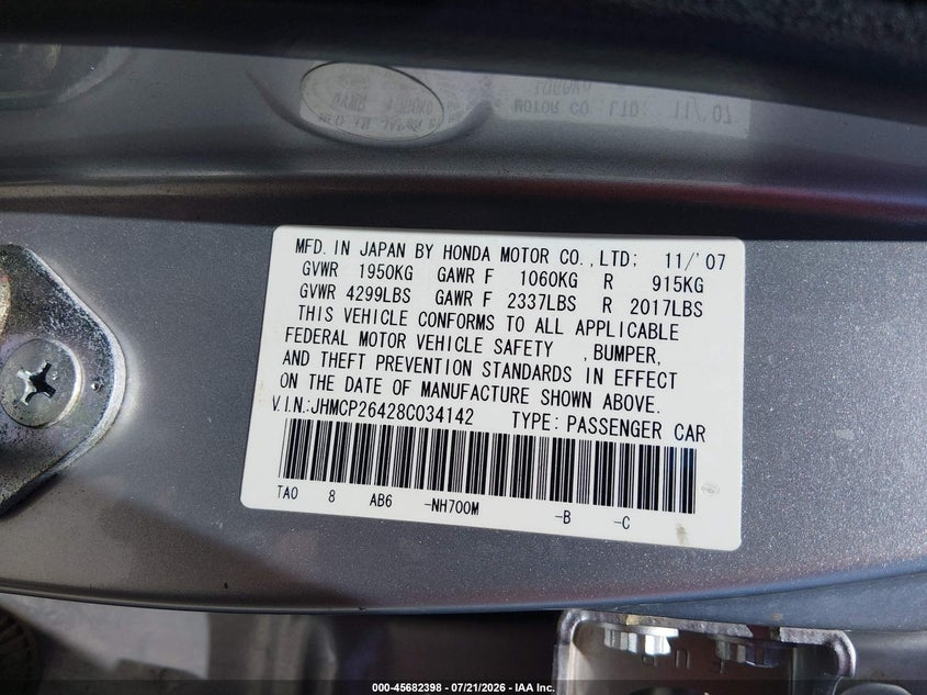 2008 Honda Accord VIN JHMCP26428C034142 IAAI salvage auction — NORMAL WEAR, Clear (Kansas), sold $450 on 2026-07-31 (photo 9)