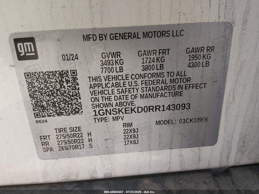 2024 Chevrolet Suburban VIN 1GNSKEKD0RR143093 IAAI salvage auction — LEFT FRONT, Salvage Title, sold $15,100 on 2026-09-23 (photo 9)