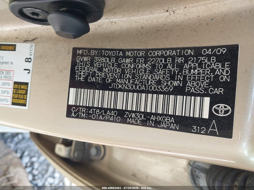 2010 Toyota Prius VIN JTDKN3DU0A1003369 IAAI salvage auction — NORMAL WEAR, Clear (North Carolina), sold $25 on 2026-07-24 (photo 9)
