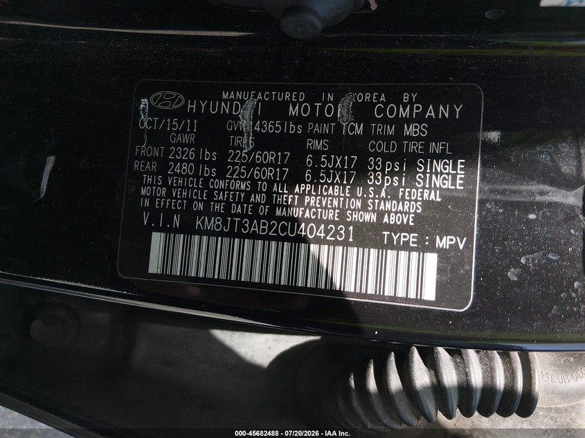 2012 Hyundai Tucson VIN KM8JT3AB2CU404231 IAAI salvage auction — REAR END, Salvage (Louisiana), sold $875 on 2026-07-31 (photo 9)