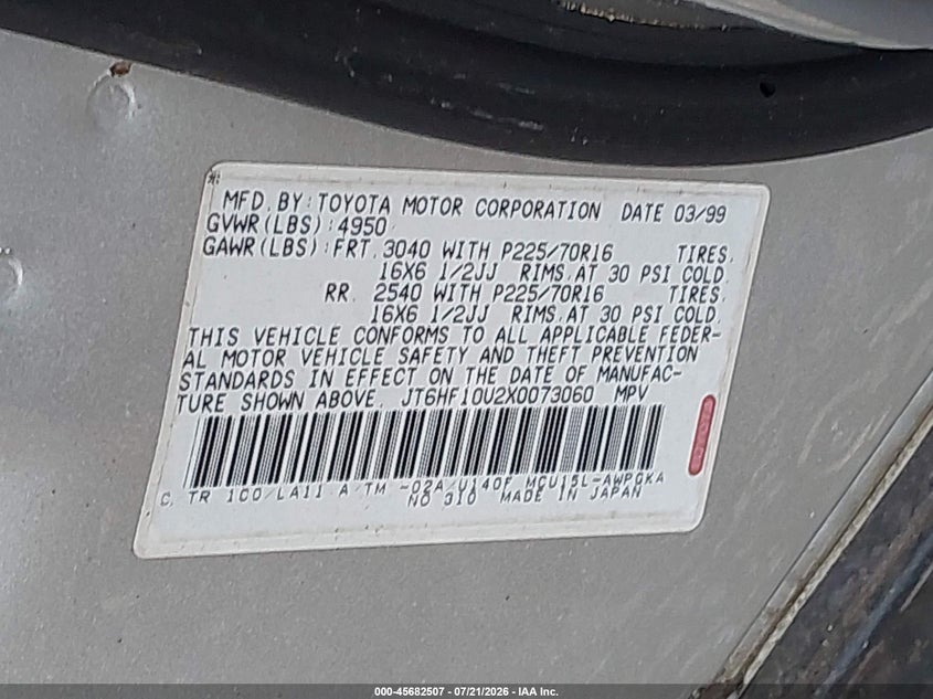 2000 Lexus Rx 300 VIN JT6HF10U8Y0160897 IAAI salvage auction — FRONT & REAR, Clear (New York), sold $225 on 2026-07-28 (photo 9)
