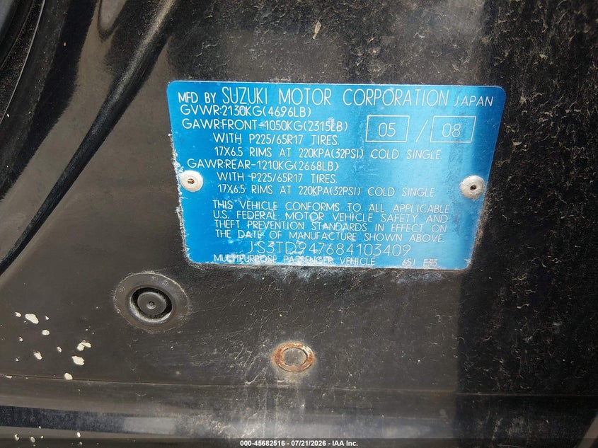 2008 Suzuki Grand vitara VIN JS3TD947684103409 IAAI salvage auction — NORMAL WEAR, Clear (Illinois), sold $25 on 2026-07-29 (photo 9)